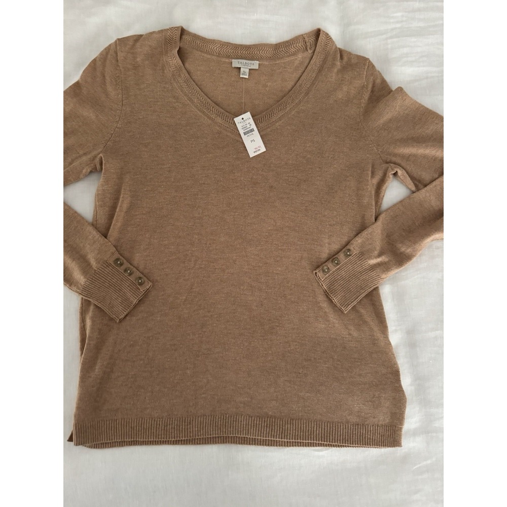 Talbots Petite PS Sweater Tan Brown V Neck Long Sleeve Button Cuff NWT